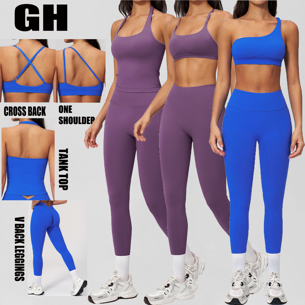 GH Custom Active Fitness Yoga Wear Halter Neck Tank Top Cross Back Sports Bra Scrunch Bum Gym Leggings Women's Seamless Yoga Set