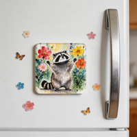 Aimant décoratif carré pour réfrigérateur, motif floral de raton laveur aquarelle, avec colle en relief