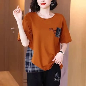 Women's Loose Fit Color Block Plaid T-Shirt Plus Size Autumn Style Casual Top Orange Ginger Yellow Polyester Knitted Shirt - Product Image 1