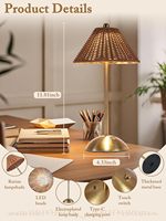 Lampe de table unique en rotin synthétique, veilleuse en osier, lampes de lecture rechargeables, 3 couleurs, contrôle tactile, intensité réglable, lampes de chevet