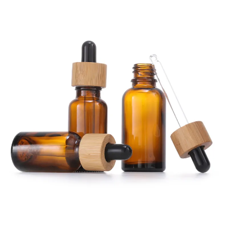 Botella de vidrio de aceite esencial ámbar de 15ml y 30ml, contenedor de cosméticos con tapa de bambú y madera ecológica, cuentagotas