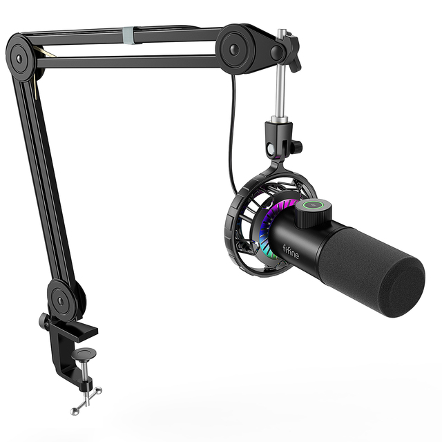 Fifine Adjustable Boom Arm Mics With Durable Clamp Desktop RGB Streaming Mic USB Dynamic PC Gaming Microphone