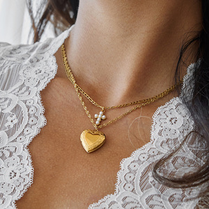 Collar con colgante de cruz de acero inoxidable con bisel de perlas de imitación para mujer, regalo de joyería - Product Image 2