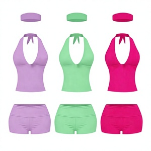 Completo Estivo Personalizzato per Donna: Top Corto in <span class=keywords><strong>Cotone</strong></span> Modal con Lacci e Pantaloncini da Palestra Pieghevoli, Set Due Pezzi - Product Image 3