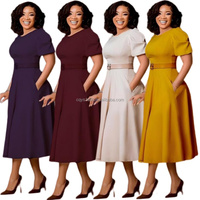 Robes d'été professionnelles pour femmes, décontractées et élégantes, à col tailleur, manches mi-longues, plissées, style africain, pour le bureau, couleur unie, taille naturelle, grandes tailles