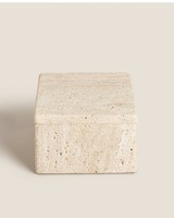 SAIDKOCC Boîte de rangement pour articles divers en marbre naturel carré, entrée, salle de bain, coiffeuse, beige, couvercle en travertin, minimaliste, moderne