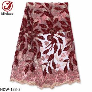 Velours africain rouge de luxe français avec paillettes broderie fleur Tulle <span class=keywords><strong>Net</strong></span> tissu de dentelle nigérian avec des pierres - Product Image 5