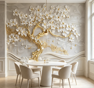 Murale 3D Personalizzato con Albero Dorato e Magnolia Bianca in Rilievo, Carta da Parati di Lusso per Villa, Hotel, Appartamento - Product Image 2