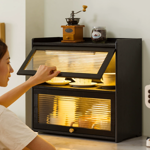 Caja de pan de bambú grande de escritorio negro, armarios de almacenamiento multicapa de mesa, contenedor de cosméticos con ventana de acrílico transparente - Product Image 2