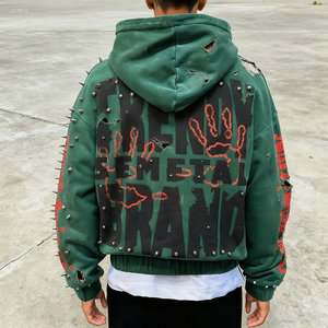 Sudadera con capucha Sun Faded French Terry personalizada 500gsm, sudadera con cremallera y lavado ácido desgastado, sudadera con cremallera de gran tamaño con diamantes de imitación - Product Image 2