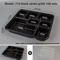 Boîte à lunch jetable à 7 compartiments noire, boîte à emporter pour la restauration rapide, boîte à bento en plastique épais de qualité alimentaire avec couvercle
