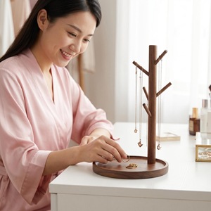 Jingheju Wooden <b>Tree</b> Shaped Jewelry <b>Stand</b> With Tray Solid Wood Desktop Display Rack For Necklaces Rings Organizing Storage - Product Image 1