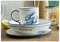 Assiette en céramique écologique motif homard style Océan Bleu, personnalisable pour service de table et fêtes