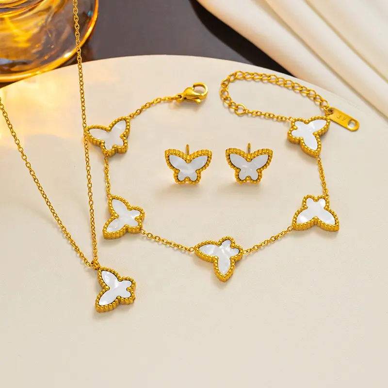 Dr.Jewelry INS Style 18k Gold Plated Stainless Steel Double Side 5 Motifs Love Clover Butterfly Jewelry Set for Women Gift
