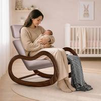 Fauteuil à bascule en teck massif doré, rembourré gris lavande, avec appui-tête flottant, pour chambre de bébé et salon
