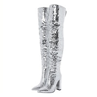 Bottes pour femmes en cuir argenté imprimé, au-dessus du genou, fabrication exquise, personnalisables, talon bloc, chaussures de soirée scintillantes