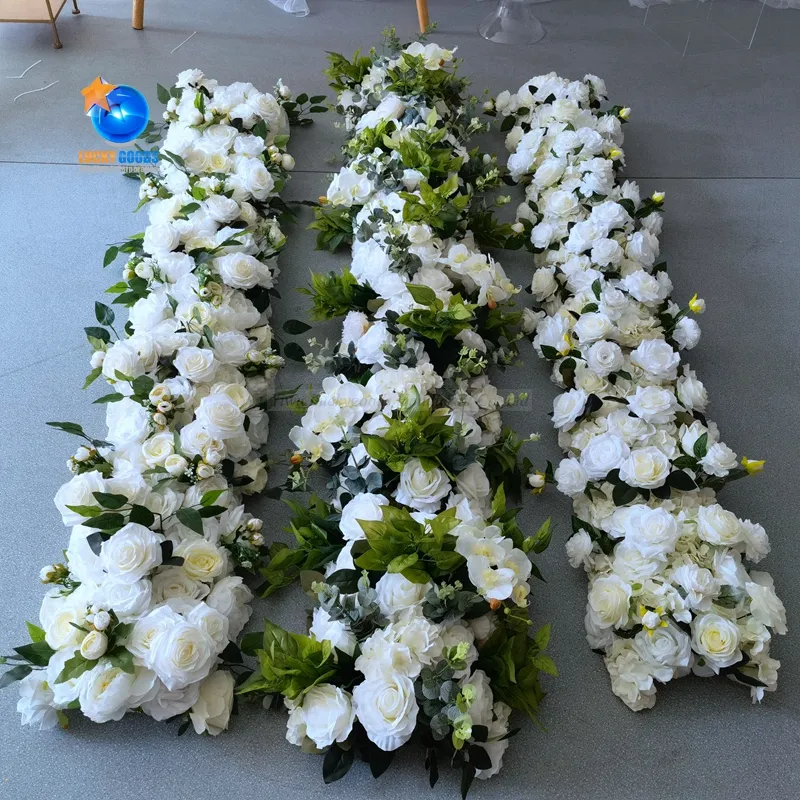 2m 실크 꽃 인공적인 꽃 주자 녹지를 가진 백색 상아빛 로즈 결혼식 훈장 테이블 중앙 장식품