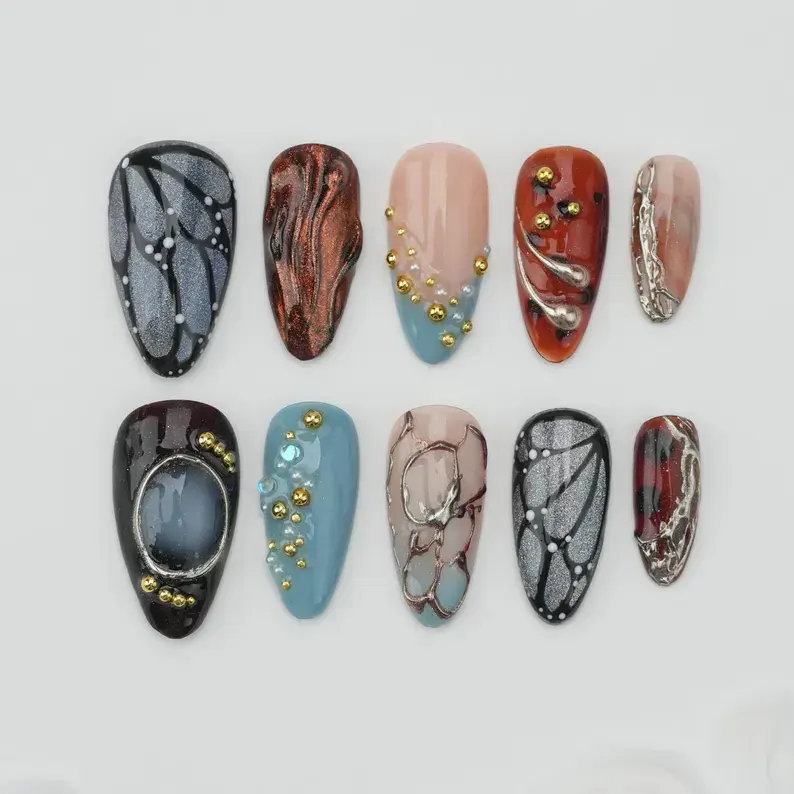 3D High Quality 10pcs Summer Ocean Style Wholesale Almond Stiletto Luxury Handmade Press on Nails Supplier