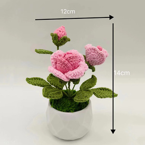 Flores de ganchillo de Feliz Día de la madre hechas a mano al por mayor, flores de rosas de 3 cabezas en maceta para regalos de escritorio de oficina en casa - Product Image 2