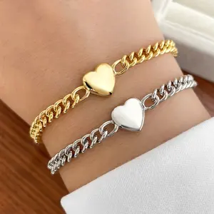 Fashion Jewelry Bracelets Cuban Link Chain 18K Gold Plated Heart Shape Couple Charm Bracelet Valentine