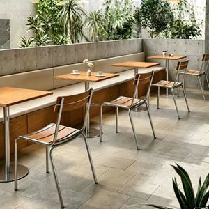 Mesa Redonda con Tapa de Madera y Base de Metal, Sillas Apilables con Estructura Metálica y Listones de Madera para Cafetería, <span class=keywords><strong>Bistro</strong></span>, Terraza de Restaurante - Product Image 5