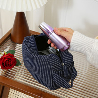 Sac de voyage à maquillage de grande capacité en coton et lin rayé classique avec logo personnalisé
