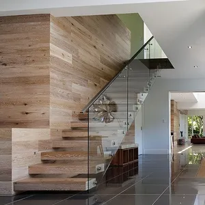 Escada de madeira do feixe duplo/escada do passo com a cobertura de vidro fabricada na escada flutuante modular
