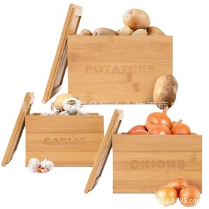 Caja de almacenamiento de bambú con tapa, organizador rectangular de madera maciza para cocina, organizador de frutas y verduras, apilable, portátil, para patatas, cebollas y ajo - Product Image 1