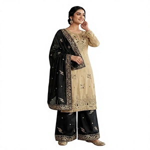 Ensemble Kurta brodé crème pour femme avec dupatta rose, style indien pakistanais traditionnel décontracté, robe en coton longueur cheville - Product Image 1