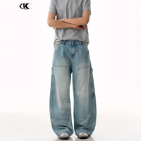 YOFA Jeans Baggy à Jambes Larges en Coton Épais Multi-Poches pour Hommes, Denim Désstructuré, Logo, Vente en Gros Usine