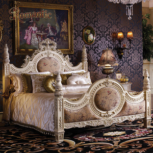Ensemble de meubles de chambre à coucher de luxe à <span class=keywords><strong>baldaquin</strong></span>, style français, en bois massif sculpté à la main, <span class=keywords><strong>avec</strong></span> <span class=keywords><strong>lit</strong></span> capitonné blanc et or, design palais - Product Image 2