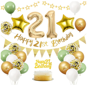 Bannière <span class=keywords><strong>Joyeux</strong></span> 21e <span class=keywords><strong>Anniversaire</strong></span> Dorée Métallique, <span class=keywords><strong>Guirlande</strong></span> d'étoiles, 21 Ballons en Aluminium, Ballons Imprimés, Décoration de Gâteau pour Fête d'<span class=keywords><strong>Anniversaire</strong></span> Adulte - Product Image 1