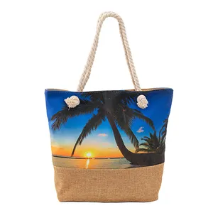 गर्मियों में फैशन कैनवास शॉपिंग कंधे बैग बड़ी क्षमता नारियल के पेड़ मुद्रित कपास समुद्र तट बैग ले जाना महिलाओं के लिए