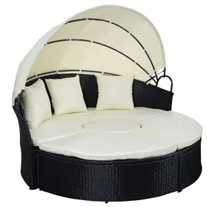 厂家直销藤编沙发套装太阳床躺椅带可伸缩天篷