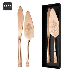 סכין עוגת חתונה זהב ושרת סט ציפוי זהב טיטניום עם תבנית ייחודית עיצוב ערכת הגשה - Product Image 3