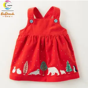 Red color baby girl dress brace skirt with cute printed lovely sweet style sleeveless baby girl dress with dark blue color