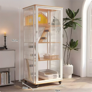 Meuble de Luxe pour Petits Animaux en Acier Carbone avec Planche en Bois de Caoutchouc et Verre Trempé, Grande Villa Spacieuse pour Animaux Domestiques - Product Image 4