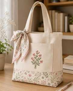Cream Tote Bag Embroidered Floral Design <b>Bow</b> Detail Reusable Shopping Handbag Elegant <b>Gift</b> Bag Everyday Use Lady Fashion - Product Image 2