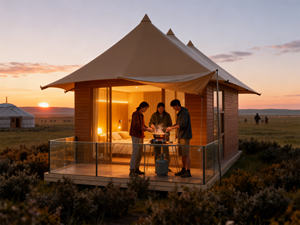 Tenda Glamping Mewah Semi-Permanen Dua Lapis 2-Kamar Rangka Baja PVC Tahan Air 4-Musim Tahan Api Perlindungan UV Dapat Disesuaikan - Product Image 6