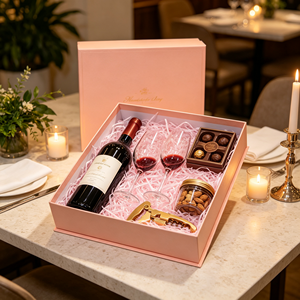 Coffret Cadeau <span class=keywords><strong>Vin</strong></span> Rose avec Verres à <span class=keywords><strong>Vin</strong></span> Rouge, Chocolats, Pot d'Amandes, Tire-Bouchon, Bougies Parfumées, Emballage Marbre – Ensemble Cadeau en Gros - Product Image 1