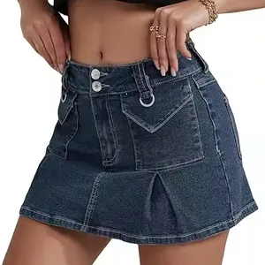 Kadın kot etekler Denim etek kemer ile 3D cepler A-line düz renk pilili Vintage yıkanmış kısa Mini etek