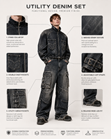 Ensemble deux pièces streetwear vintage pour homme : veste en jean noir délavé et pantalon cargo surdimensionné