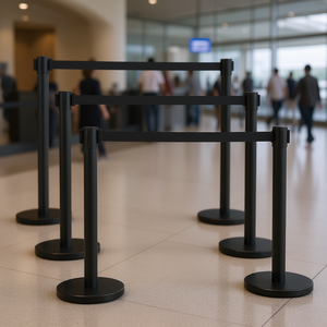 Juego de 6 Postes Retráctiles Negros de 6.6 pies con Base Metálica, Fácil Montaje, Barrera de Control de Multitudes, Control de Acceso - Product Image 2