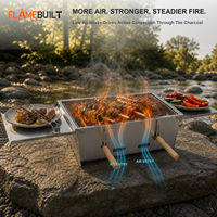 Barbecue de camping au charbon de bois pliable FLAMEBUILT avec ailes latérales escamotables, trois niveaux de charbon, poignées en acier inoxydable, toutes saisons