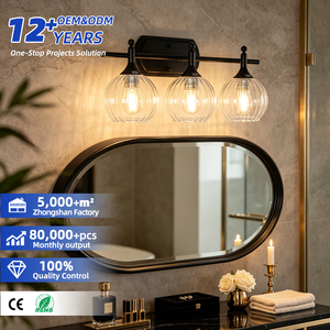 Industrial 3 Head Wall Lamp Black Iron Frame Round Glass Shade E27 LED 2700K Warm White <b>Bathroom</b> Vanity <b>Light</b> - Product Image 1
