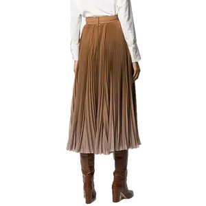 Factory Price Stylish Lady High Waist Brown Skirt Polyester Skirts Fully Pleated Long Women's Chiffon Skirts