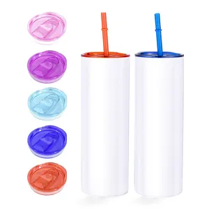 Werksgroßhandel 20 Unzen weiße gerade Becher mehrfarbige Strohhalme und Deckel Edelstahl Sublimations-Reisetasse Wassertasse
