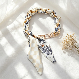 Green Leaf Print Silk Scarf Woven Keychain Gold Plated Metal Chain <b>Bag</b> Charm Wristlet <b>Key</b> Holder for Women - Product Image 5