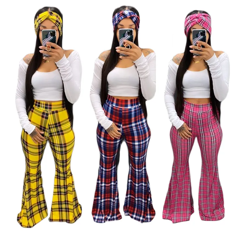 kaichen LLDRESS New high waist long sleeve crop top and plaid flared pants with stripe scarf fall clothing women two piece set