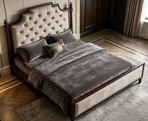 Premium Queen Size Tufted Upholstered <b>Bed</b> With Nailhead Trim & Dark Wood <b>Frame</b> For Bedroom - Product Image 1
